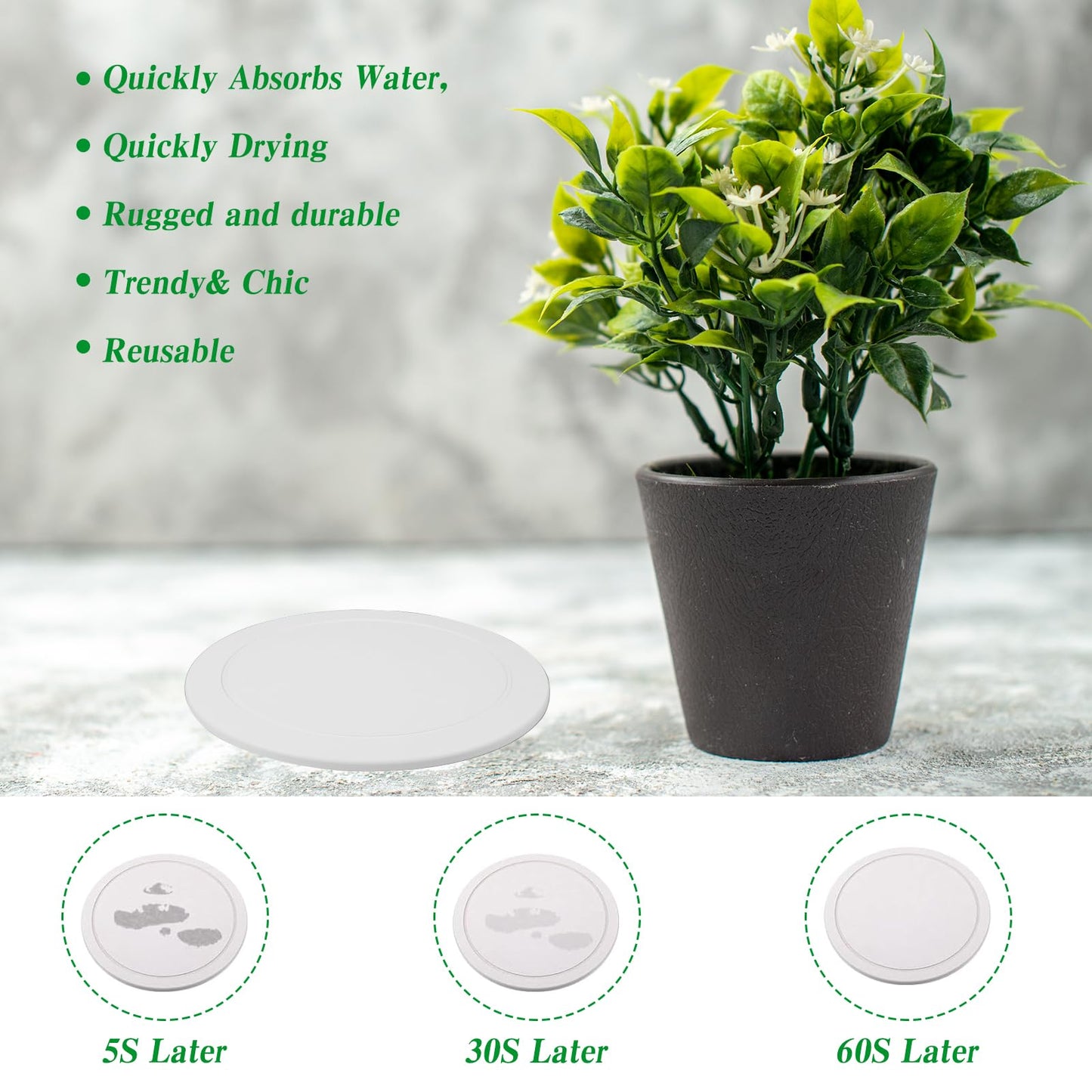 Afcabakila Diatomaceous Earth Plant Saucer, 12 Inch Instant Dry Indoor Plant Trays, 2 Pack White with Non-Slip Pads, Multifunctional Drainage Collector