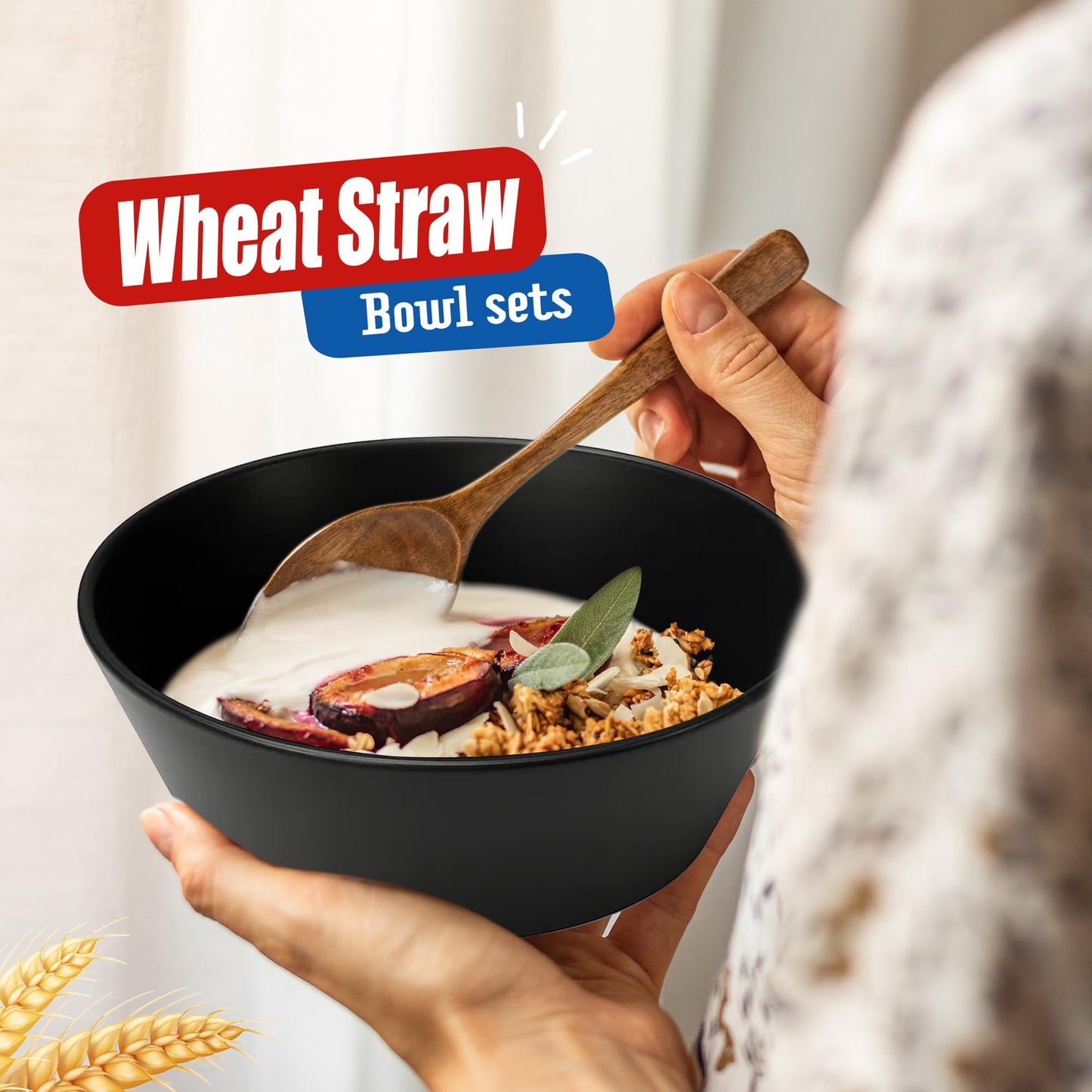 Teivio 12-Piece Wheat Straw Bowls Sets, Plastic Kitchen 22oz Cereal Bowls Set of 12,Unbreakable Reusable Fruit/Salad/Soup Bowls, Dishwasher Safe, for Camping RV Apartment Essentials, Black