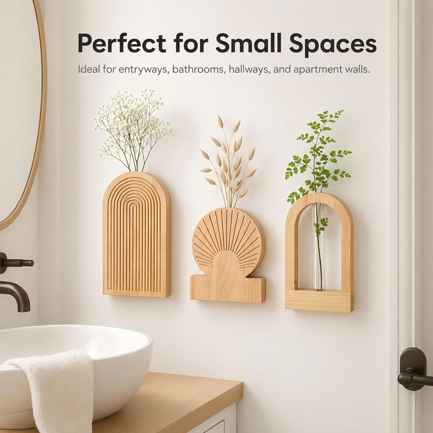 TBWIND Wooden Wall Vases Set of 3, Modern Farmhouse Arch Propagation Station with Glass Planter Tubes, Boho Fluted Hanging Decor for Entryway, Living Room & Narrow Spaces (Natural)