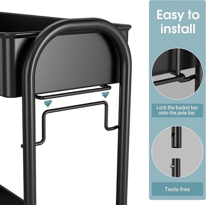 Slim Rolling Cart, Metal Frame Utility Rolling 3-Tier Narrow Storage Cart with Handle Kitchen Storage Organizer, Mobile Shelving Unit for Bathroom Kitchen