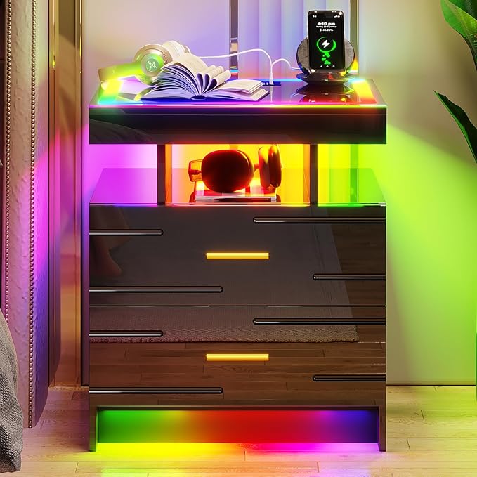 HNEBC RGB Nightstand with Wireless Charging Station, LED Night Stand with
