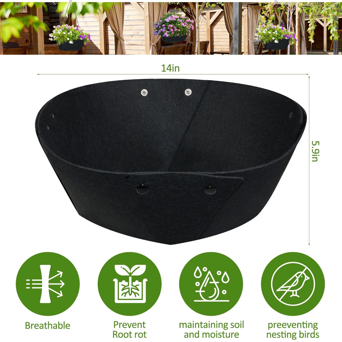 AHFCANG 14Inch Round Fabric Planter Liners (4pcs), Felt Flower Pot Liners for Hanging Baskets, Planter Liner for Garden Flower Vegetables Plant Indoor/Outdoor (Black)