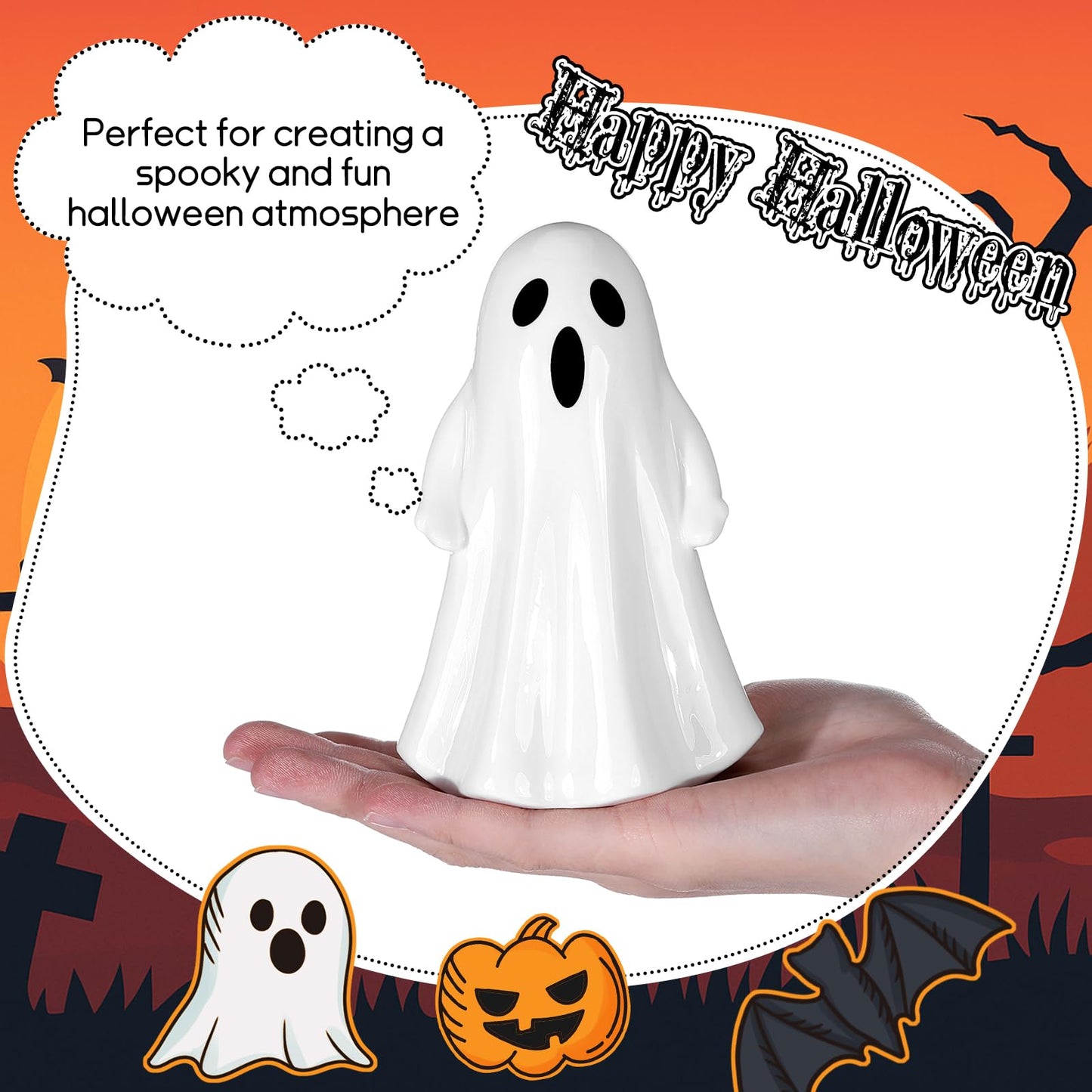Leinuosen 6 Pcs Halloween Ghost Figurines 3 Large (5.12") & 3 Small (3.54") White Ceramic Ghost Decor Cute Ceramic Halloween Ornaments for Tabletop, Mantel, Tiered Tray & Shelf Decor