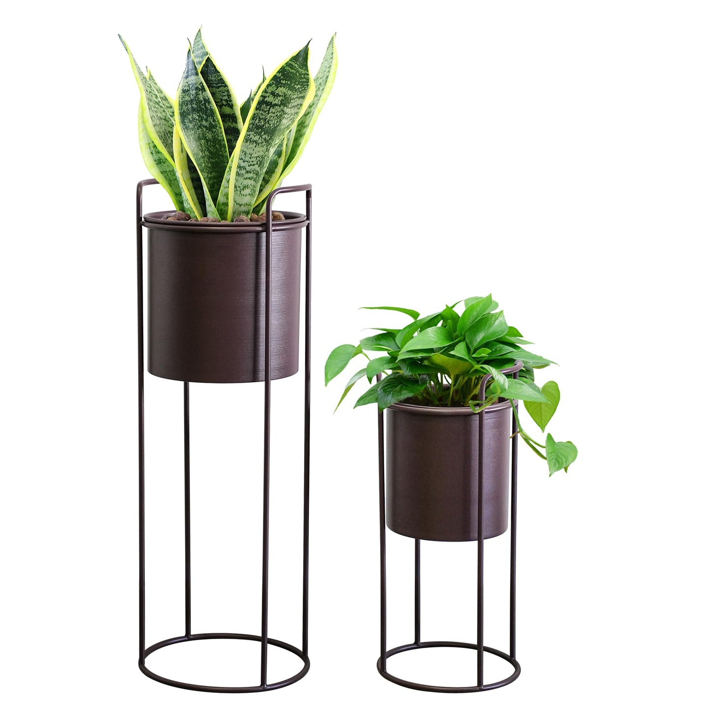 TRIROCKS Set of 2 Planters with Stand Large Metal Planter for Indoor Plants 28 &18" H Plant Pots for Living Room Corner Kitchen Office Garden Balcony Patio Decor(Brown)