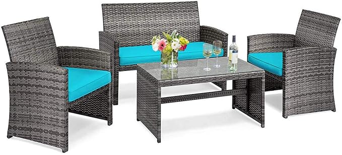 Tangkula 4 PCS Wicker Patio Conversation Set, Outdoor Rattan Sofas