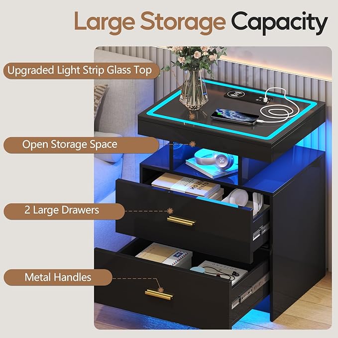 LED Nightstand Set 2 with Wireless Charging Station, Glass Top Smart Bedside