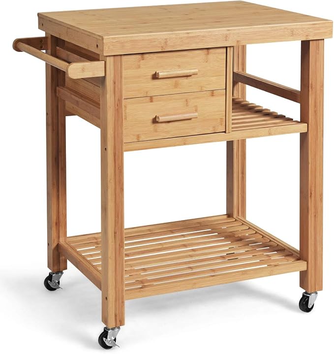 Giantex Kitchen Island, Bamboo Island Cart, Kitchen Trolley Cart on Wheels