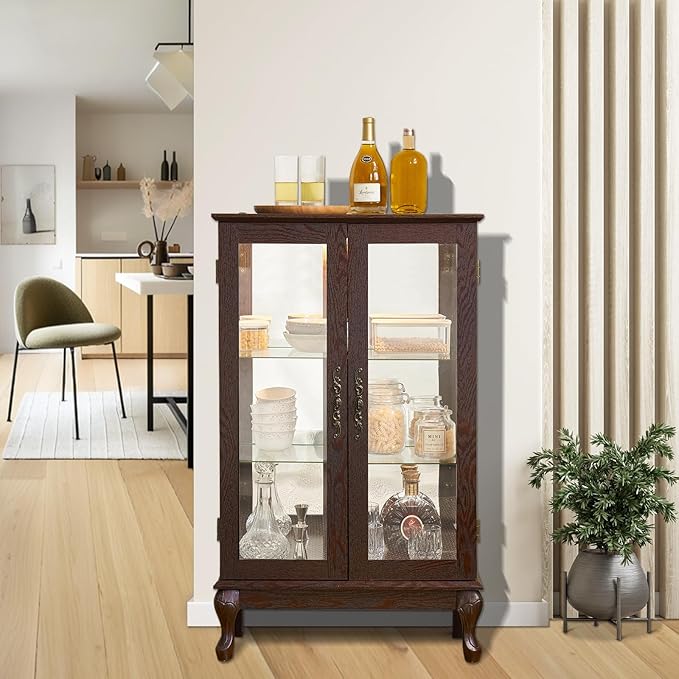 Curio Cabinet with Lighted Display, Glass Display with Mirrored Back, Vintage