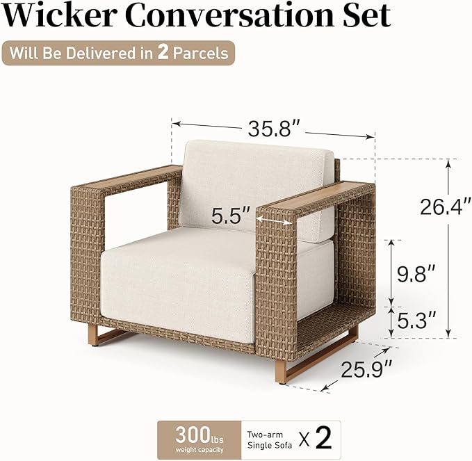 SUNSHINE VALLEY 2 Pieces Patio Furniture Set, Outdoor Rattan Wicker Armchairs