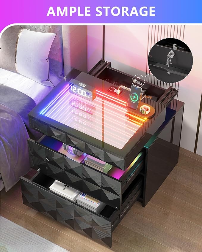 HWB Nightstand with RGB Lights, 3 Drawers Night Stand with Hidden Storage