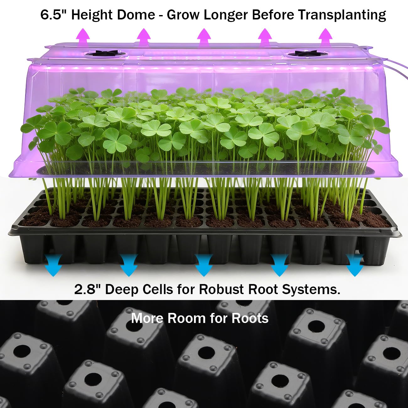 1020 Trays with Grow Light and 6.3" Humidity Dome - 4 Pack Heavy Duty Seed Trays with 72 Cell Plug Trays, Germination Kit with Timer and Dimmable LED - Reusable Plant Propagation Box for Gardening