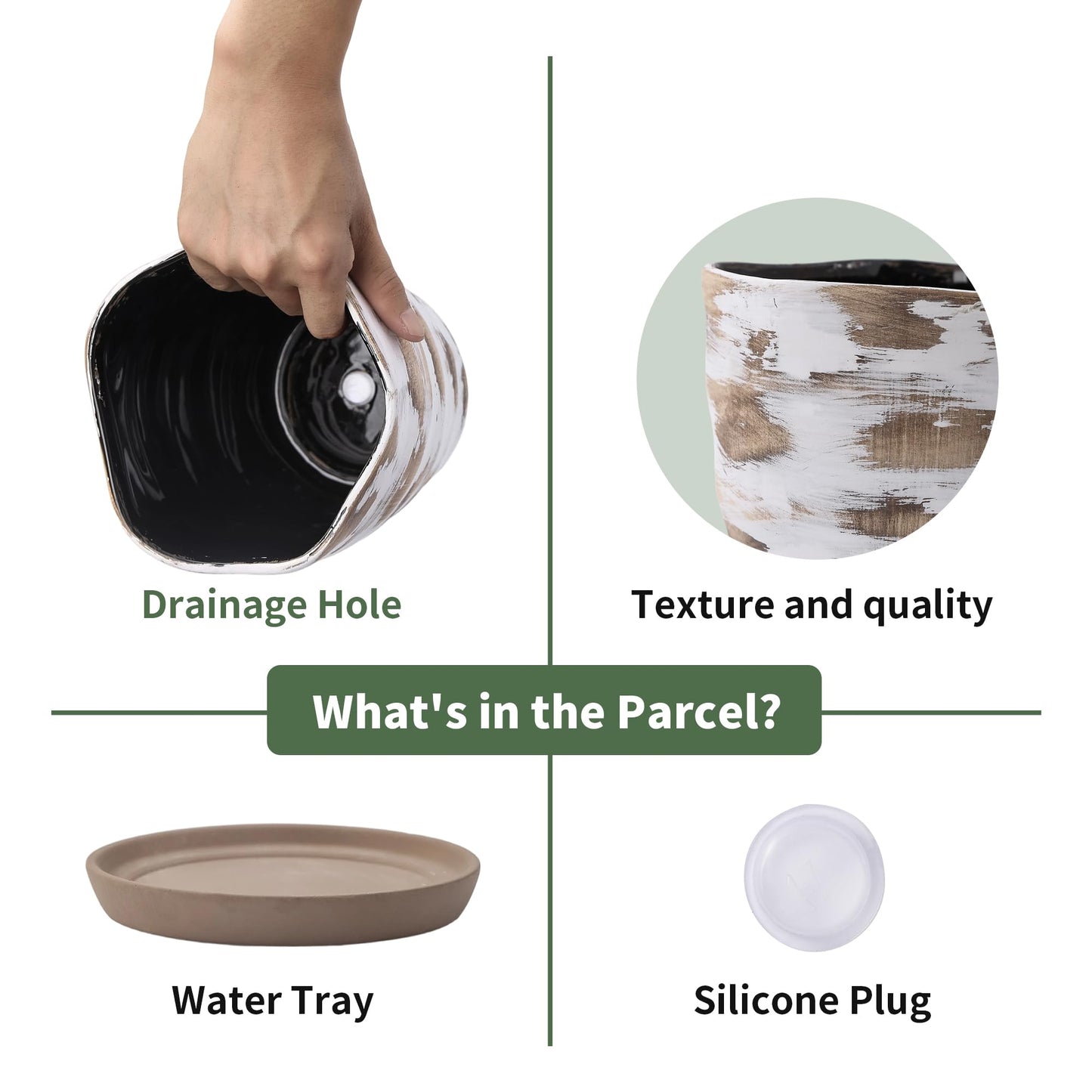 Pkeo Bbun 4+6 Inch Ceramic Planter Set of 2 with Drainage Hole,Saucer for Plants, Indoor-Outdoor Large Round Succulent Orchid Flower Pot- Cement Paint, Inner-pots not Larger Than 5 Inch Light Brown