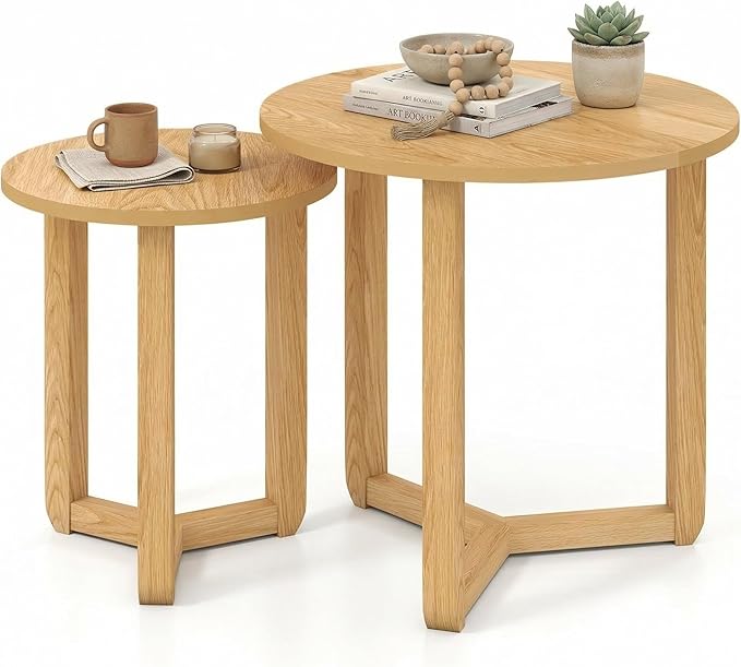 Tangkula Round Nesting Coffee Table Set of 2, Farmhouse End Tables