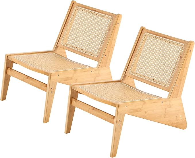 Welnow 2-Pcs Mid Century Rattan Accent Chair, Bamboo Wood Lounge Chair