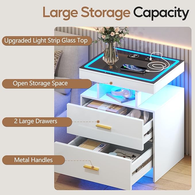 LED Nightstand Set 2 with Wireless Charging Station, Glass Top Smart Bedside