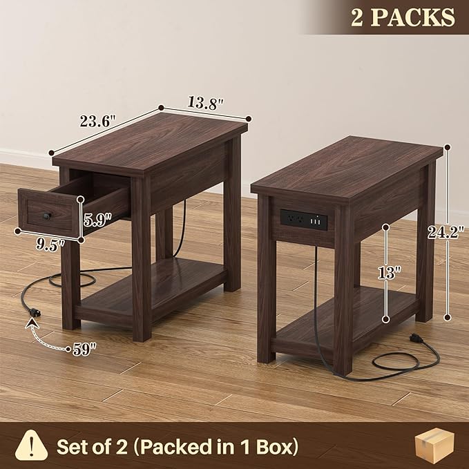 Narrow End Table Set of 2 with Charging Station