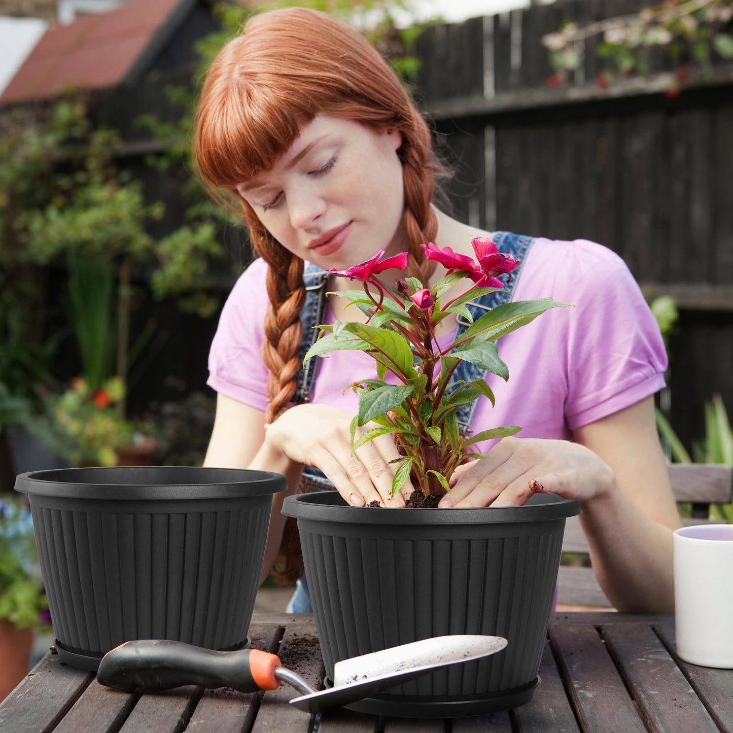 Fodetyff 12-inch-Plastic-Plant-Pots-with-Saucer, Flower Pots Containers for Indoor Outdoor Plants, Large Resin Planter with Drainage Holes and Saucers for Snake Plant Monstera