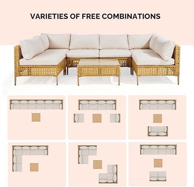 VINGLI 7 Piece Patio Sectional Furniture Set, Wicker Outdoor Furniture