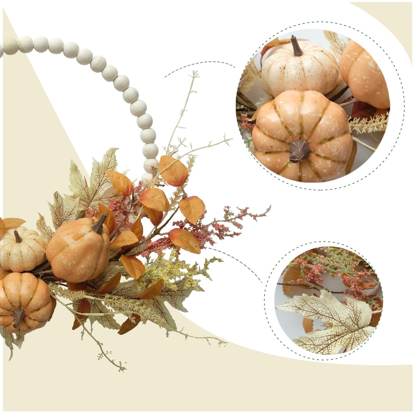 Autumn Wood Bead Pumpkin Fall Wreath for Front Door, 16" Pumpkin and Berries Wreath for Farmhouse Wall Thanksgiving, Fall Season Decor