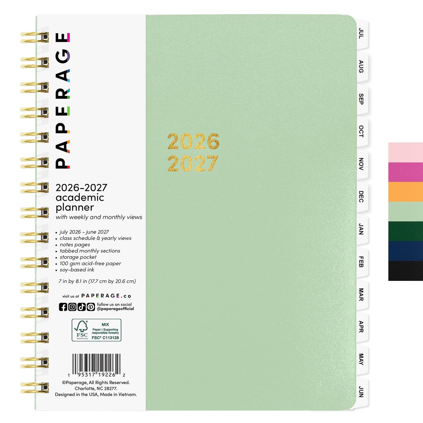 PAPERAGE Academic Planner, Weekly & Monthly Planner & Calendar, 12-Months, July 2026 - June 2027, (7" x 8"), School & Student Planning Agenda with Tabs, Bonus Pages & Inner Pocket, Sage Green