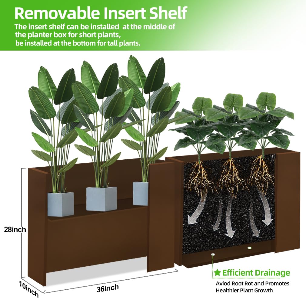 Megawodar Metal Tall Long Planter Box Large Rectangular Planter Flower Pot with Drainage Holes for Indoor Outdoor Deck Porch Garden Home Patio Front Door (Espresso, 36" L x 10" W x 28" H)