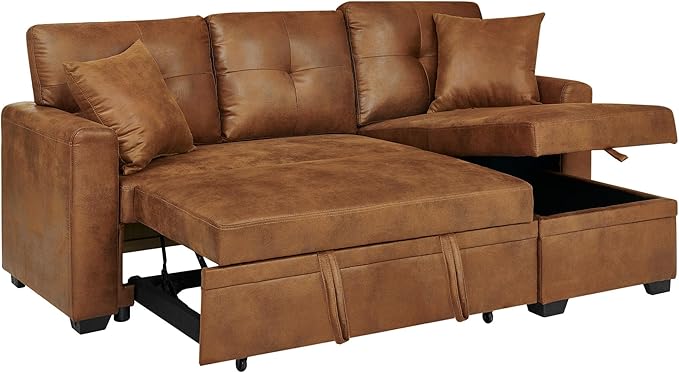 L Shaped Sectional Couch with Storage and Pull Out Bed, 3 Seater Sleeper Sofas