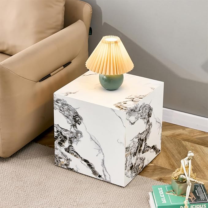 Side Table, End Table with White Marble Grain, Modern Beside Sofa Couch Tables
