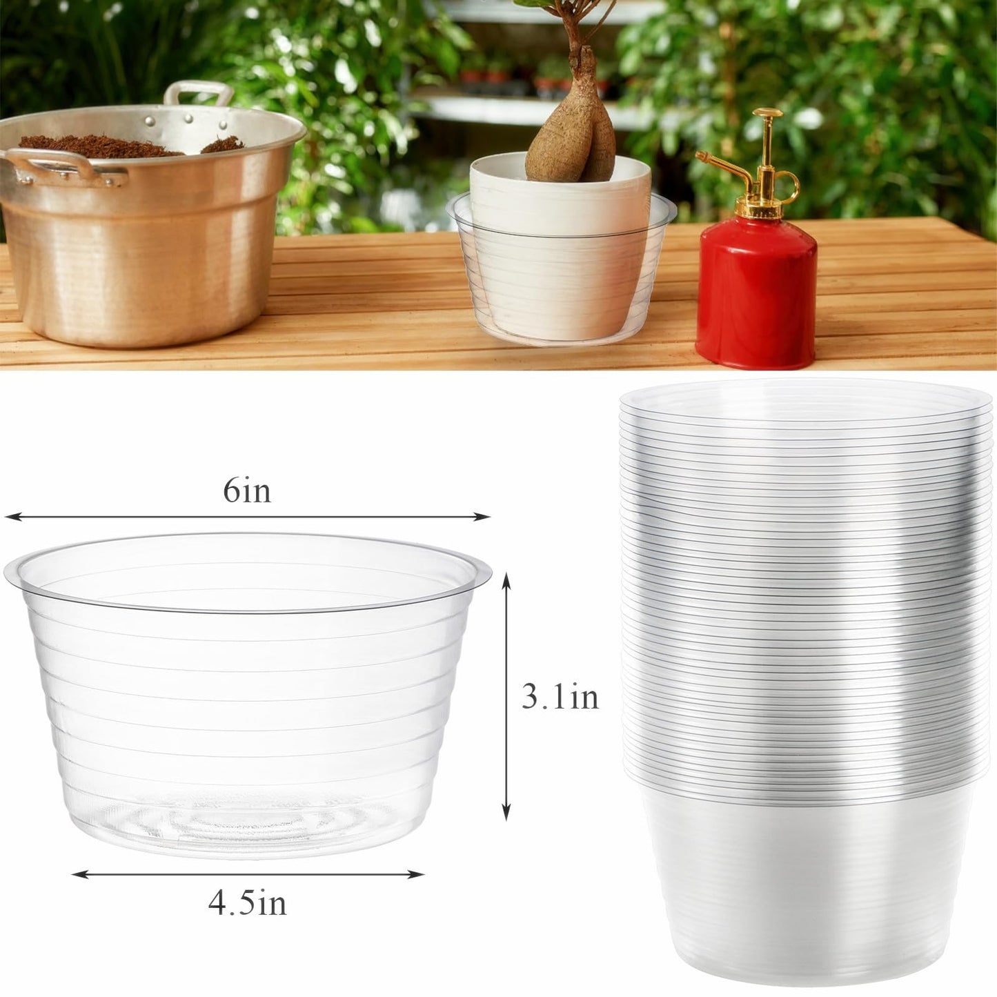 Tebery 50 Pack Clear Plastic Plant Saucer Drip Tray for Pots, 6 Inch Deep Flower Pot Saucers Water Catcher Tray Watering Trays for Plants Indoors and Outdoor