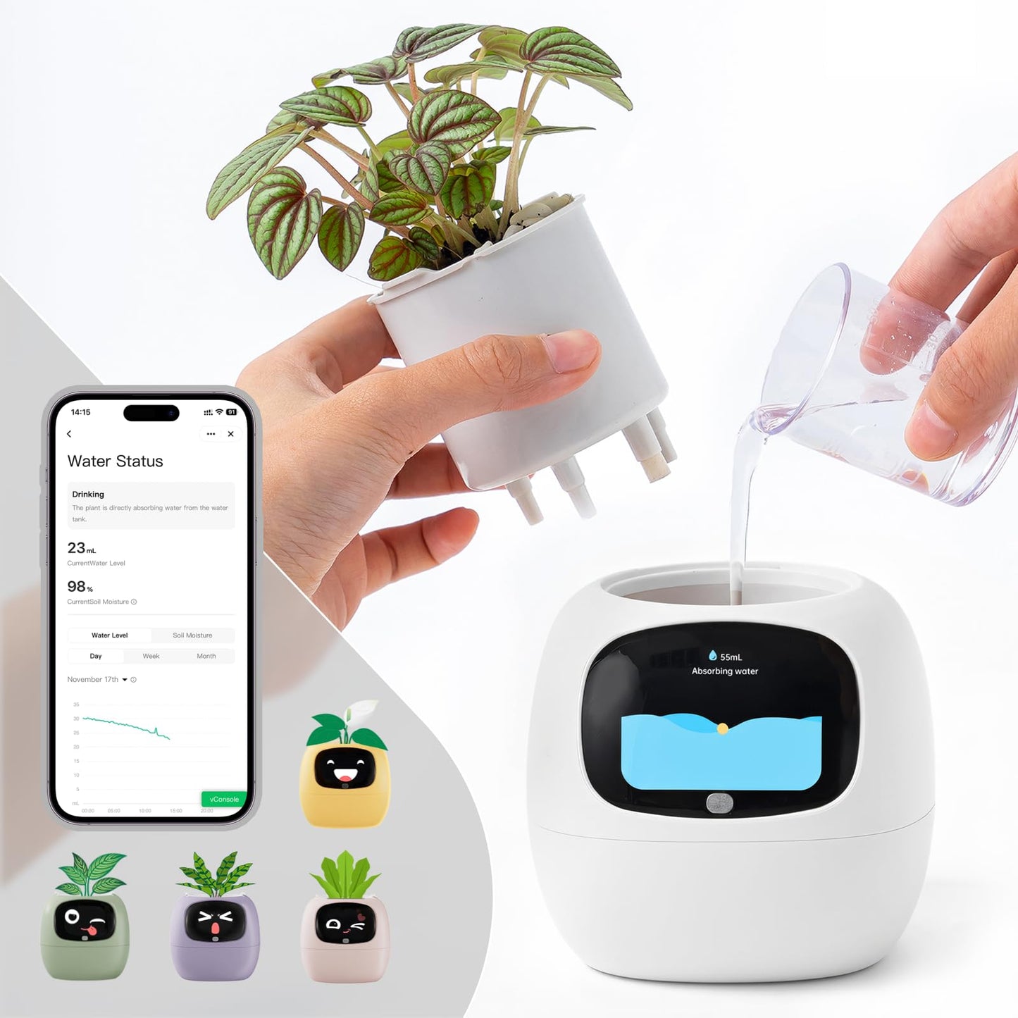 Smart Plant Pot with Visual Display – Soil Moisture, Water Level, Light & Battery Monitor, 80ml Self-Watering Reservoir, Supports 100+ Plants, Pomodoro Timer, Clock & Calendar-White