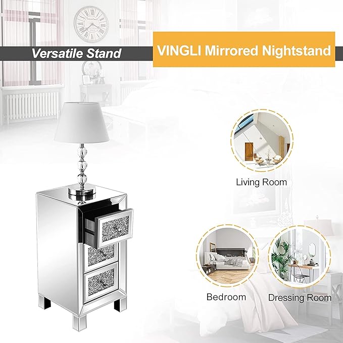 VINGLI 3-Drawer Mirrored Nightstand Bedside Table Modern Night Stands Set of 2