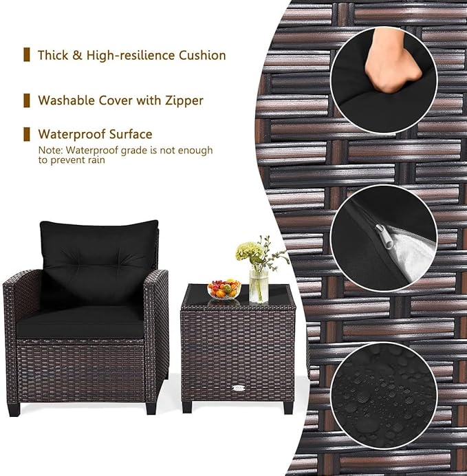 HAPPYGRILL 3 Pieces Patio Conversation Set, Outdoor Furniture Set PE Rattan