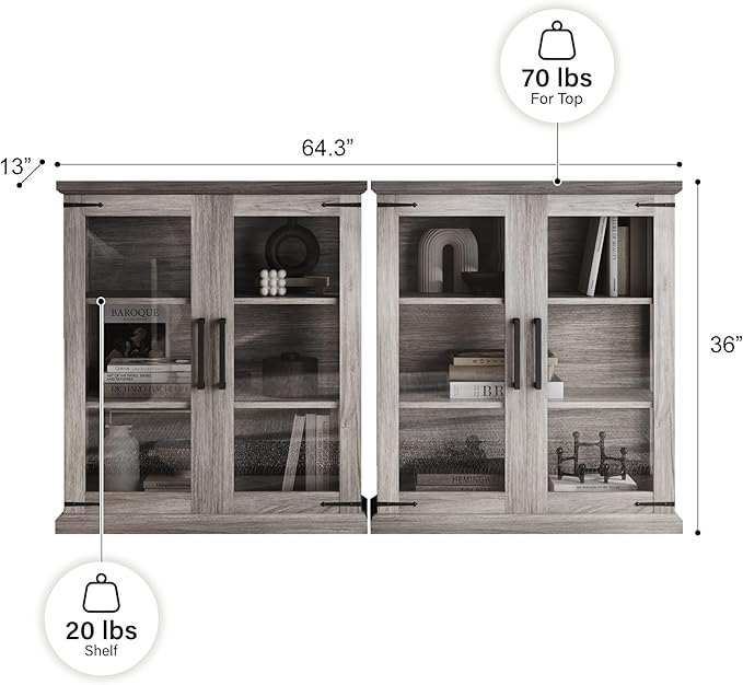BELLEZE Set of 2 Glass Display Cabinet, Living Room, or Kitchen