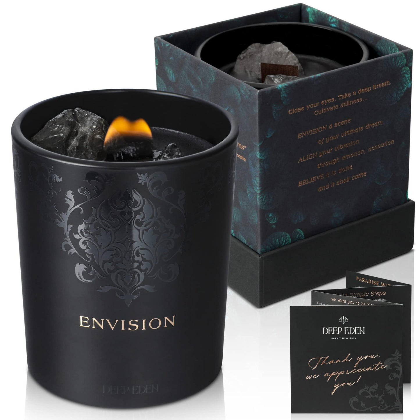 Black Orchid & Pine Moss Scented Crystal Candle - Luxury Manifestation Candle with Smoky Quartz and Clear Quartz Crystals - 7.4oz Natural Soy, Coconut & Beeswax, Wood Wick