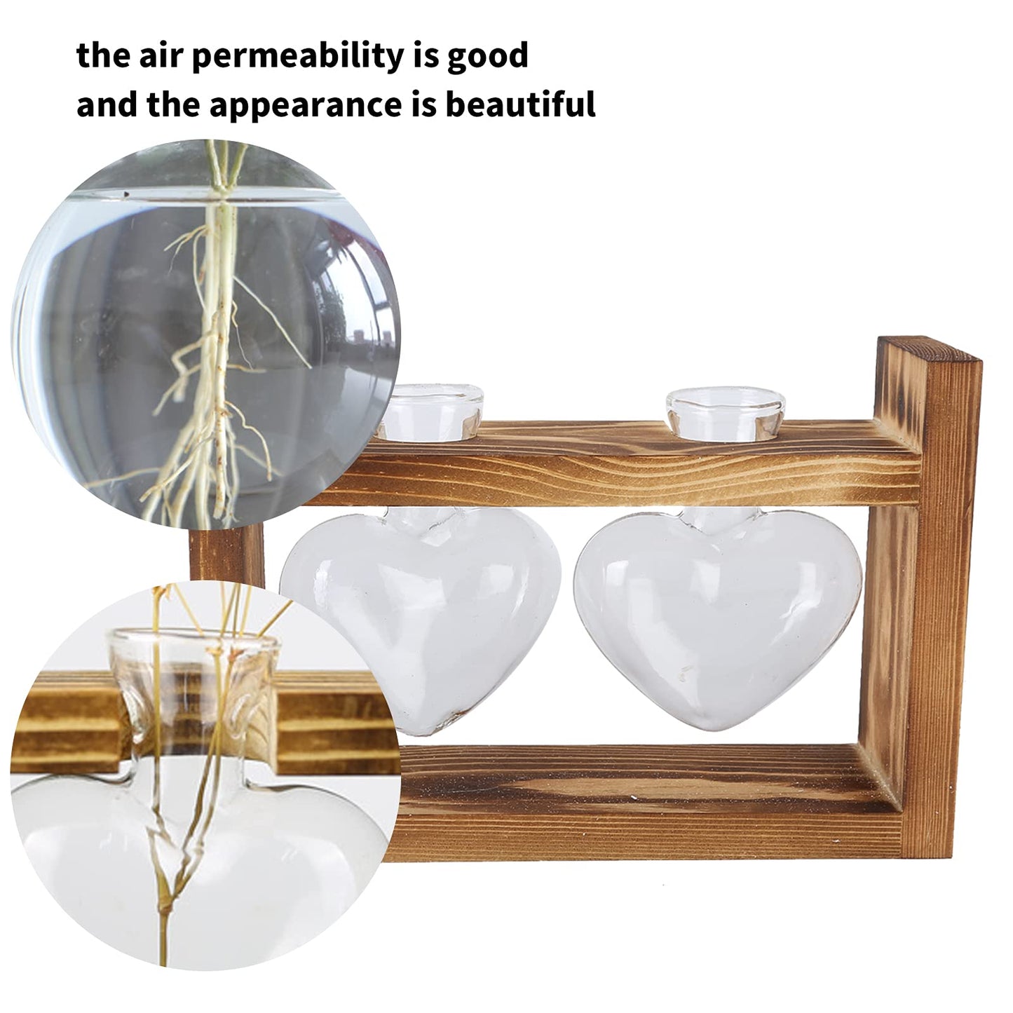 Heart Shaped Glass Hydroponic Vase with Retro Wooden Stand, Plant Propagation Stations with Wooden Stand, Desktop Plant Terrarium for Home Office Desk Decor (Retro Frame + 2 Heart Bottles)