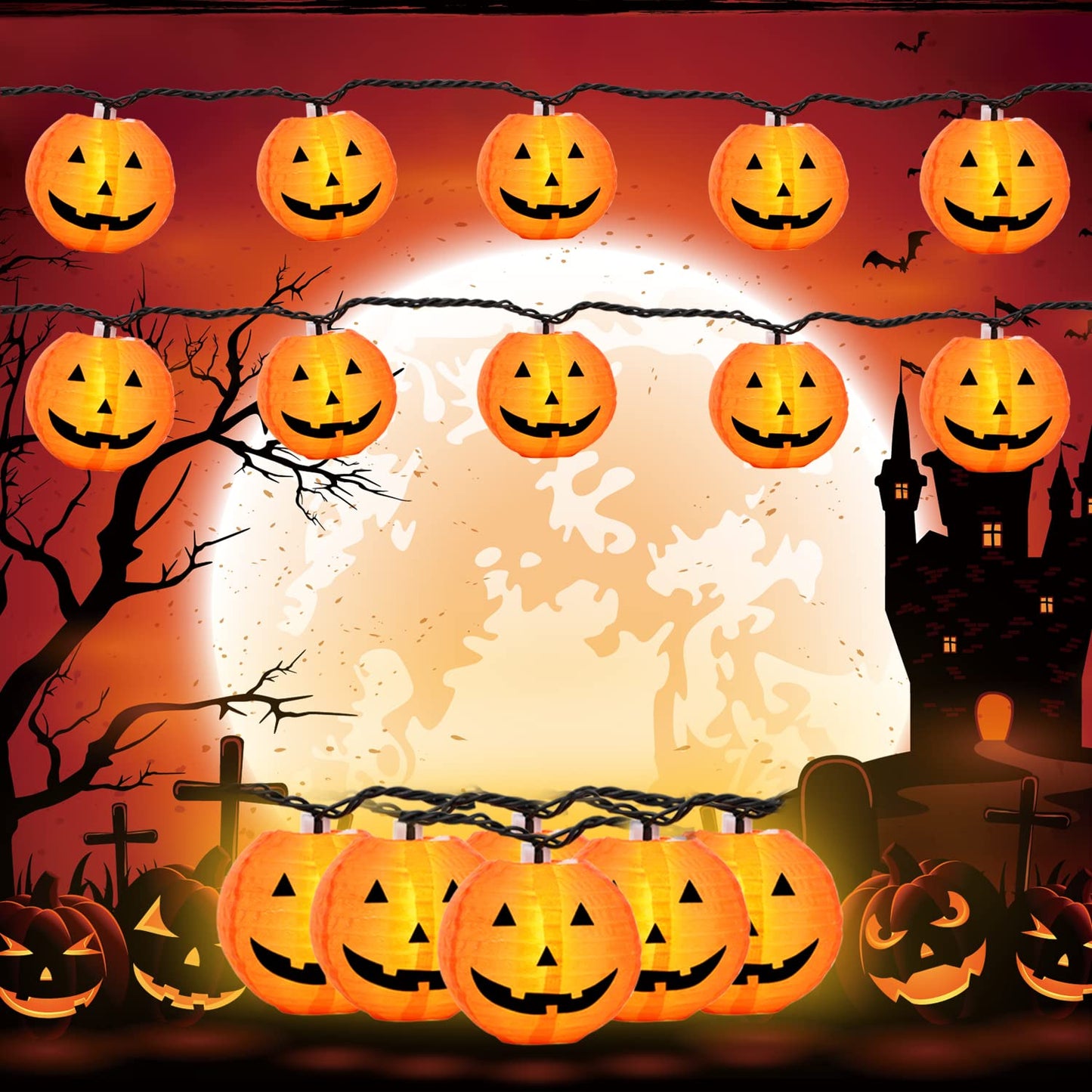 PASUTO Halloween Decorations Light Halloween Pumpkin Lantern String Lights, 10 Pack Jack O Lanterns Pumpkins Lights Plug in, 8.5FT Mini Pumpkin Light Connectable Indoor/Outdoor Halloweens Decorations