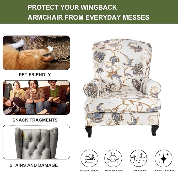 HAOYONG Wing Chair Slipcovers Printed Wingback Chair Covers 2 Pieces Wingback