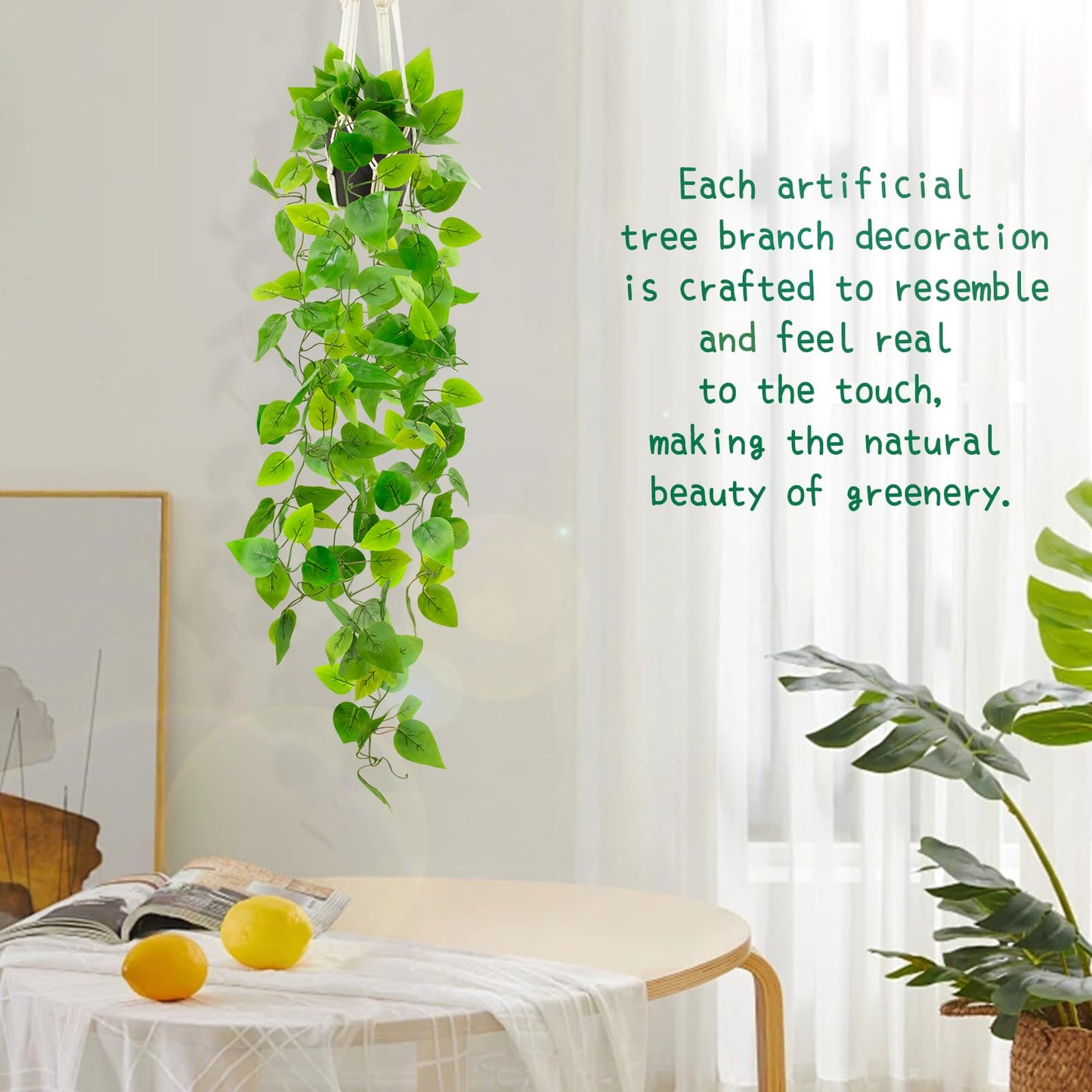 LUZOGA Fake Pothos in Rope - Hanging Pot, Artificial Pothos Plants for Home Decor Indoor Macrame Plant Hanger with Faux Vine Hanging Planter Greenery for Bedroom Bathroom Kitchen Office Decor