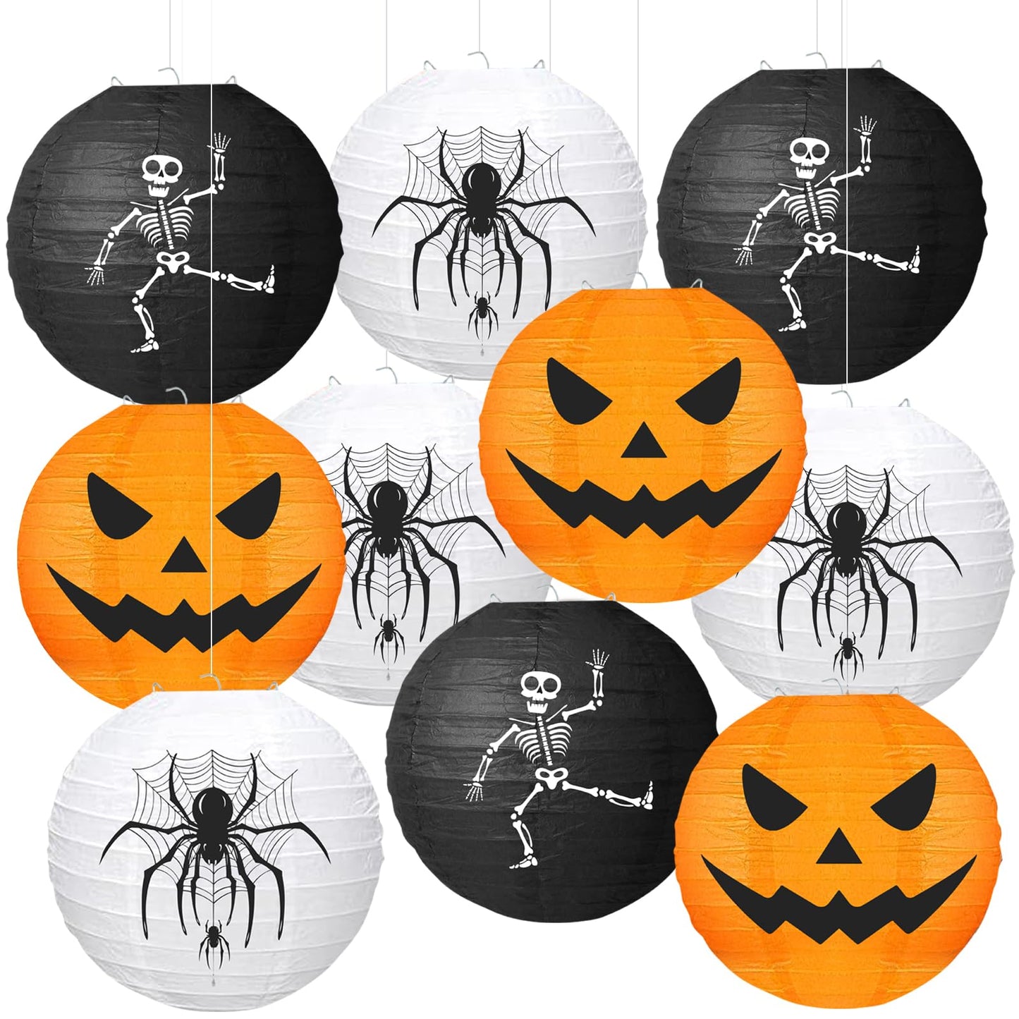 KAXIXI Halloween Party Decorations - 10pcs Halloween Spooky Spider Skeleton Pumpkin Printed Hanging Paper Lanterns for Halloween Decorations Birthday Yard Garden Decor Outdoor Indoor