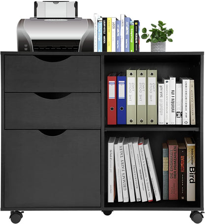 QDSSDECO 3-Drawer with Shelf Wood File Cabinet Mobile Lateral Filing Cabinet, with Rolling Wheel Printer Stand and Open Adjustable Storage Shelves, for Home Office, Black