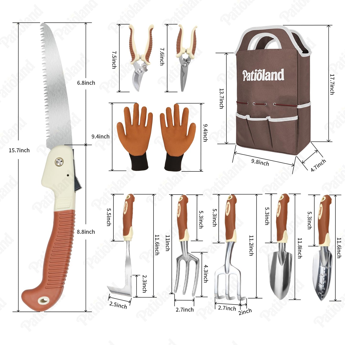 10-Piece Garden Tool Set, Brown Gardening Hand Tools Kit with Ergonomic Non-Slip Handles, Heavy Duty Rust-Proof Aluminum Tools, Organizer Tote Bag & Gloves, Ideal Gardening Gifts for Women and Men