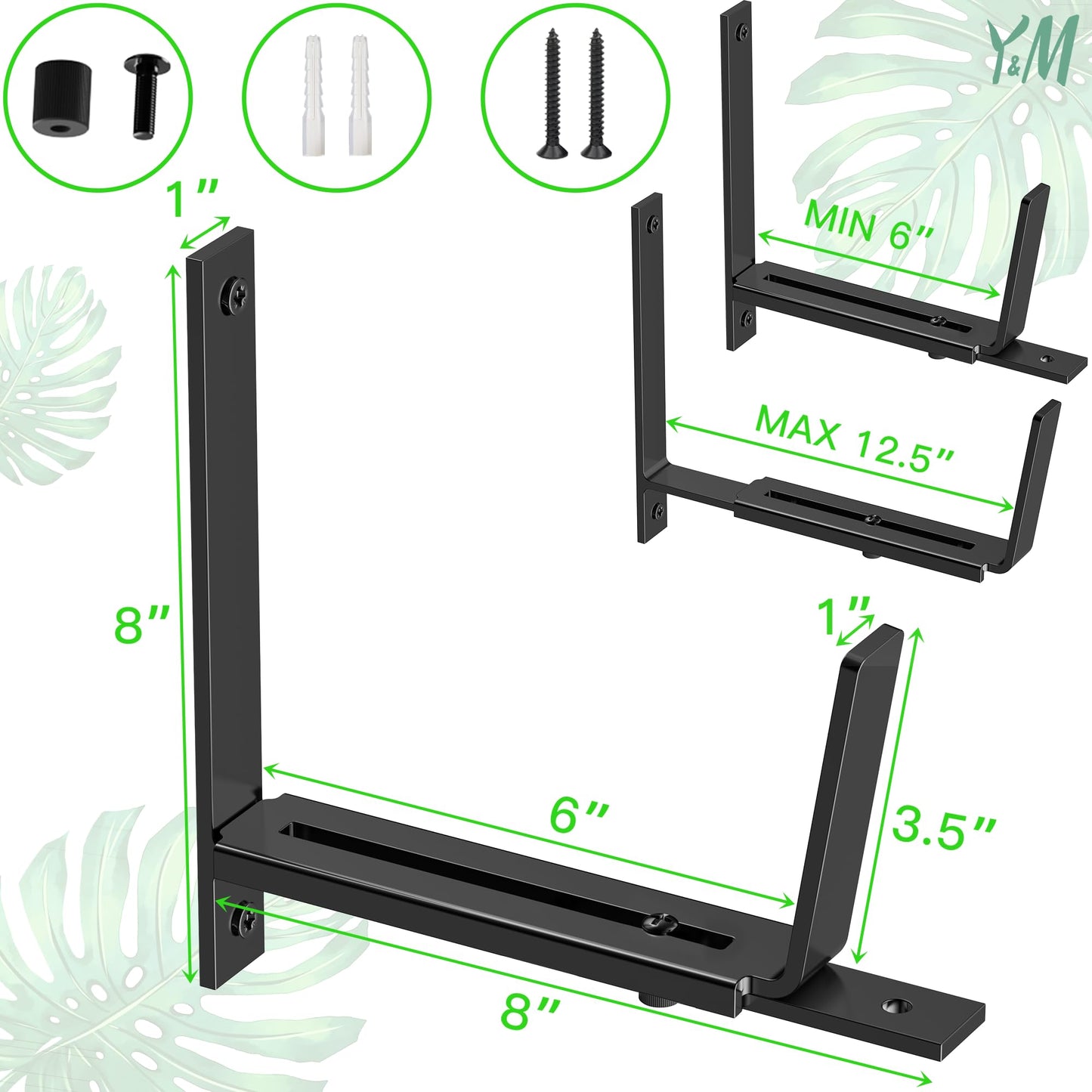 Y&M 4 PCS Adjustable Window Box Brackets for Planter Box, Heavy Duty Wall Mounted Hooks Hangers for Flower Baskets Holder Durable, Hanging Brackets for Fence Patio Garden Balcony