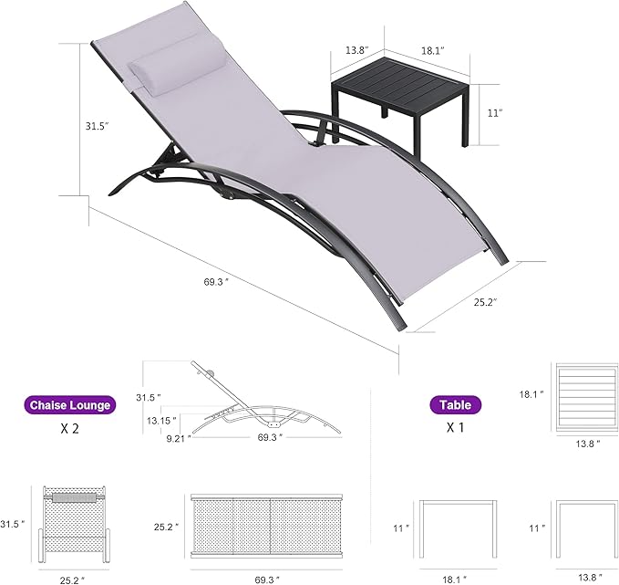 PURPLE LEAF Patio Chaise Lounge Set of 3 Outdoor Lounge Chair Beach Pool