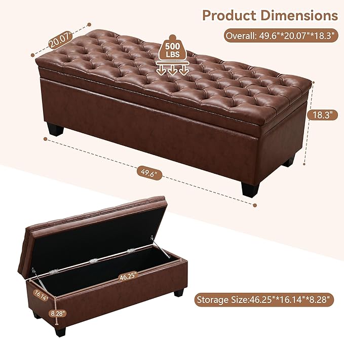 WUTUTUEE 50" Faux Leather Storage Ottoman Bench, Upholstered Rectangle End of