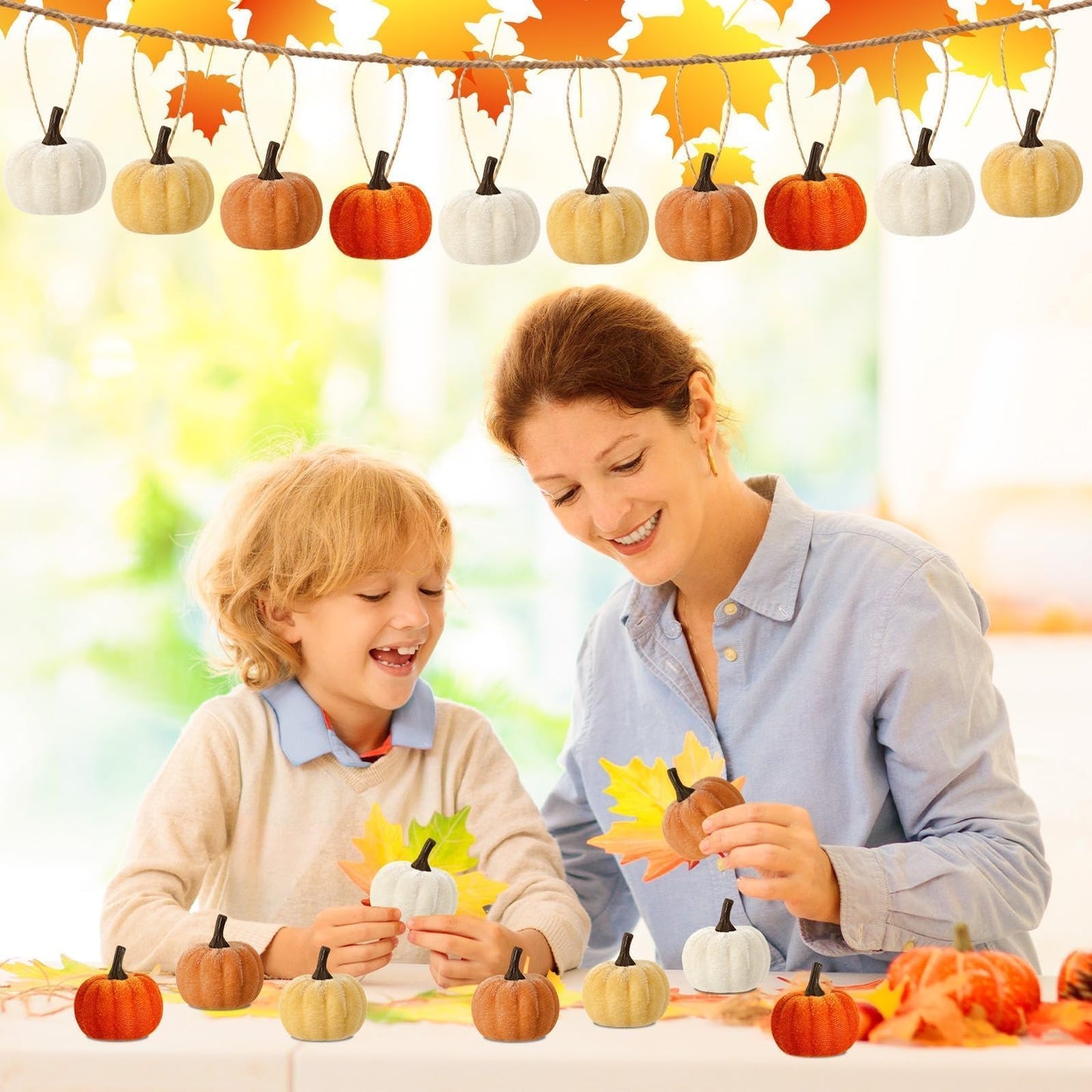 DTOFOOT 16 Pcs Fall Thanksgiving Pumpkin Hanging Ornaments, Autumn Velvet Fabric Wrapped Pumpkin Pendant for Farmhouse Harvest Halloween and Home Party Decor