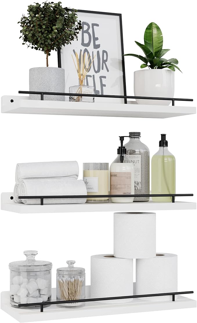 WOPITUES Floating Shelves with Black Metal Guardrail, Shelves