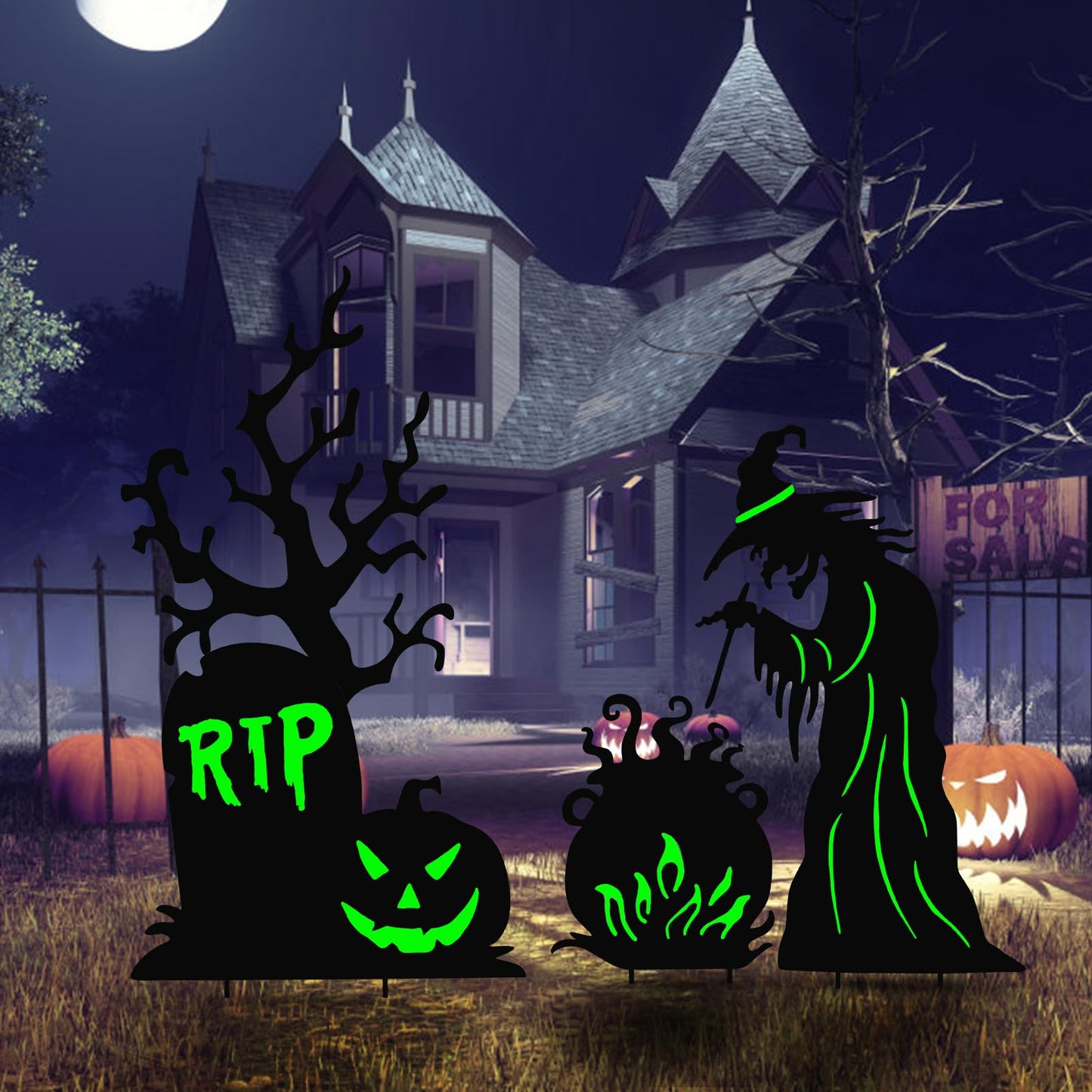 Halloween Yard Signs Outdoor Decorations，3 Pack Warerproof Scary Witch Tombstone Cauldron Fluorescent Metal Stakes Glow in The Dark for Lawn Garden Halloween Decor (Witch Tombstone Cauldron)