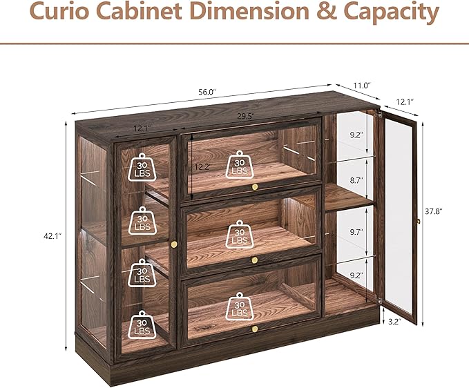 Display Cabinet with Acrylic Glass Doors, Extra Wide Curio Cabinet with LED