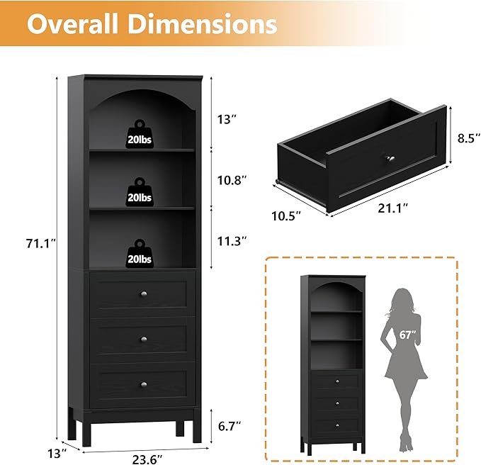 Bookshelf with Drawers, Floor Standing Display Storage Cabinet