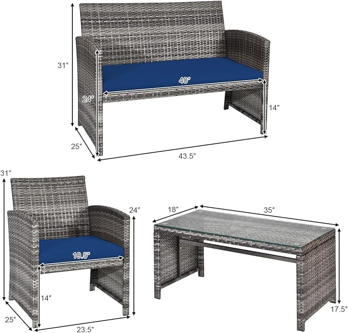 Tangkula 4 PCS Wicker Patio Conversation Set, Outdoor Rattan Sofas