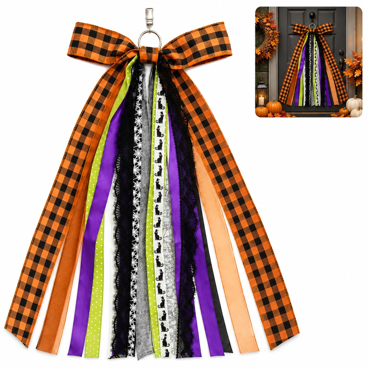 Halloween Wreath Sash Front Door Ribbon Bow Large Orange Black Buffalo Plaid Purple Spider Web Cat Streamer Fall Porch Decoration